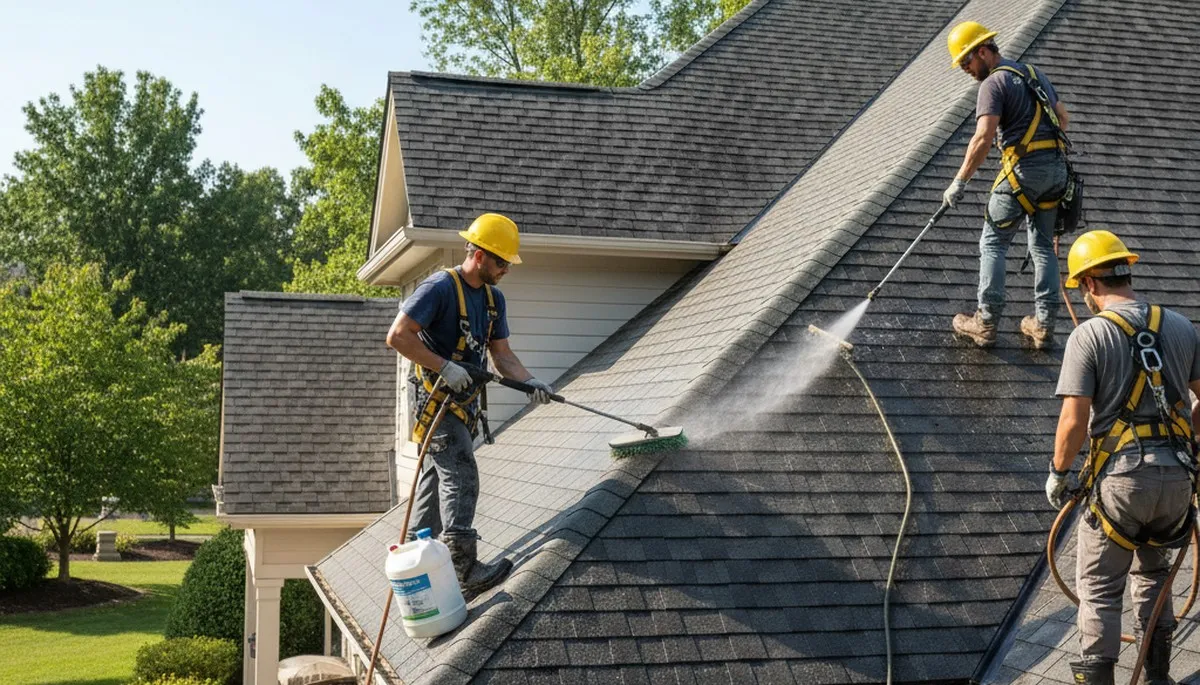 Roof cleaning service in Columbus, OH removes algae, moss, and debris from a residential roof
