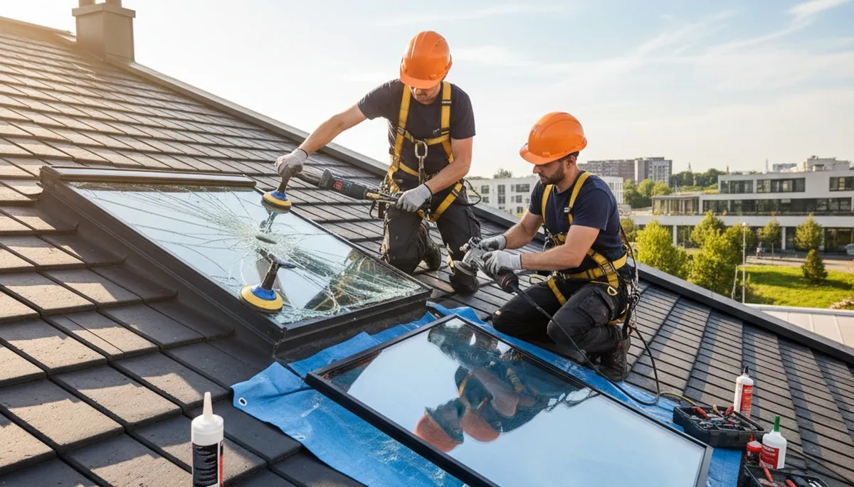 Columbus, OH siding contractor inspecting skylight repair on a home exterior